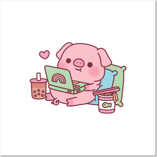 Cute Pig Chilling With Laptop Boba Tea And Instant Noodles Posters and Art